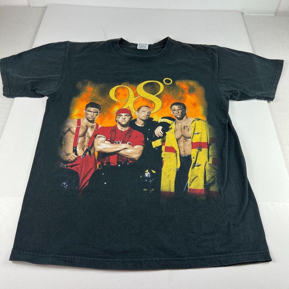 VTG 1999 98 Degrees Heat It Up Tour Shirt Large Black Faded Fire Fighter Tee
